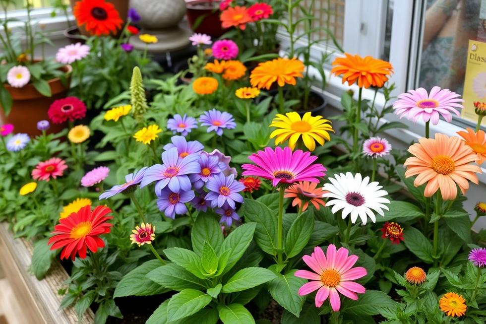 Um jardim interno colorido, representando as flores fáceis de cultivar em casa.