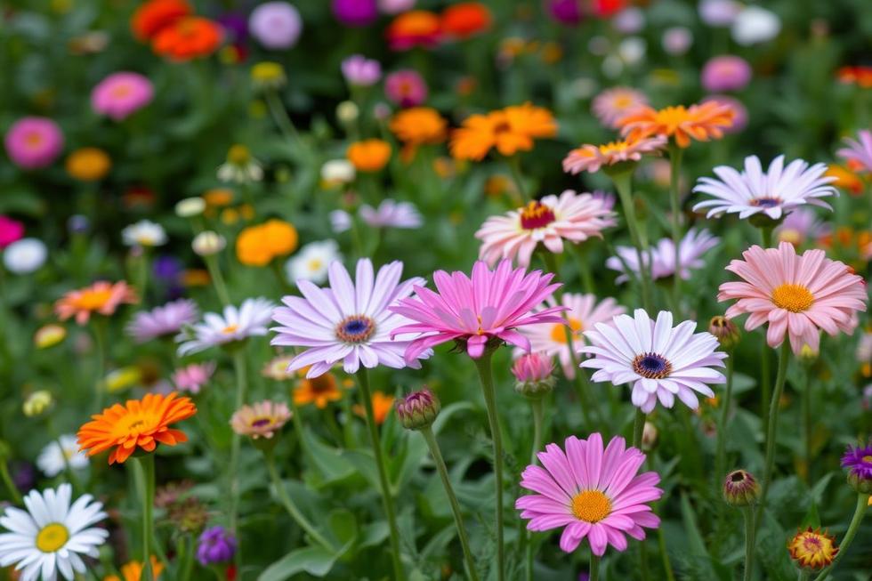 Um ambiente de jardim sereno com flores coloridas em plena floração.