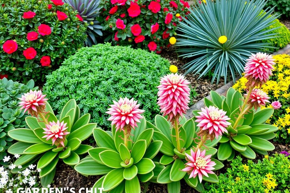 Cenário de jardim repleto de flores Coroa de Cristo e outras plantas ornamentais vibrantes.