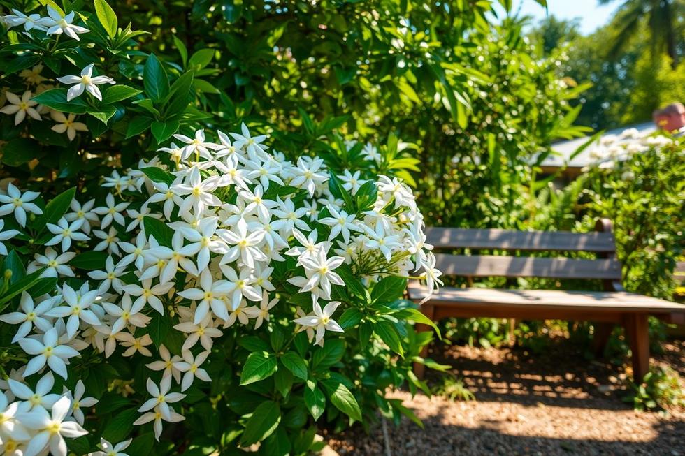 Um jardim radiante com plantas de Jasmim-da-Índia florescendo.