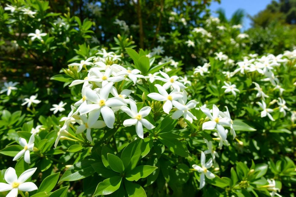 Jardim florido com jasmim-da-Índia sob luz do sol.