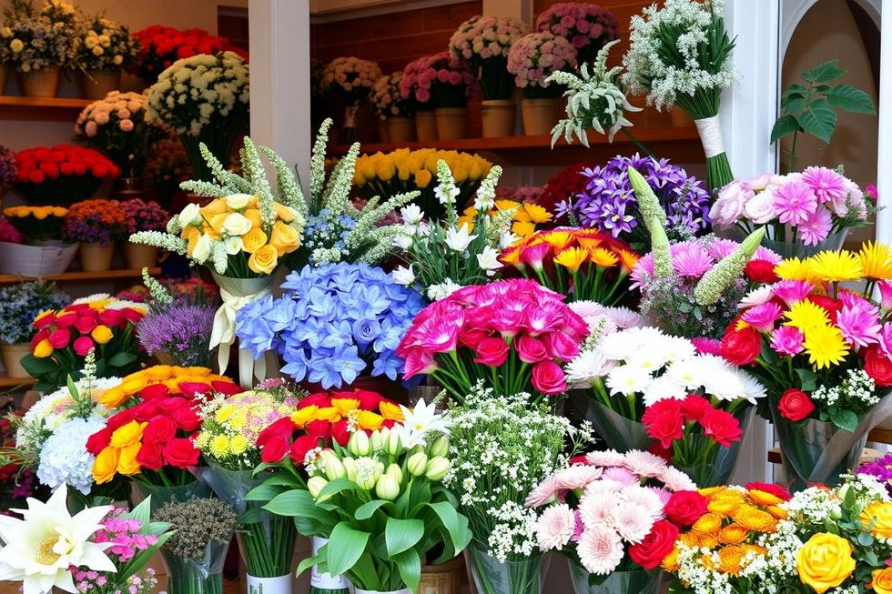 Loja de flores repleta de buquês coloridos, atraindo clientes em busca de presentes especiais.