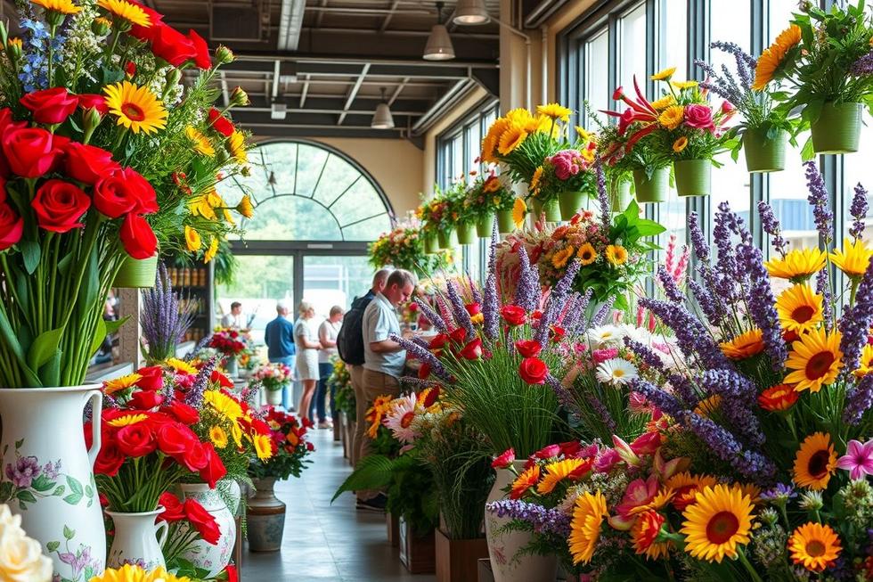 Interior de uma floricultura com flores vibrantes e bem organizadas para atrair clientes.