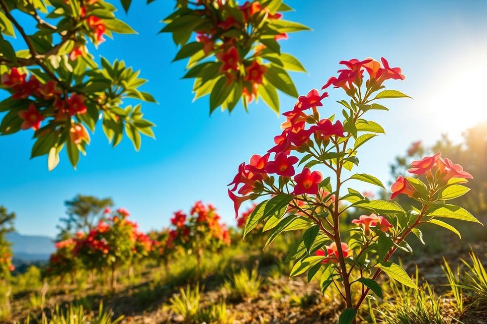 Flores do manacá-da-serra no jardim, refletindo sua importância ecológica.