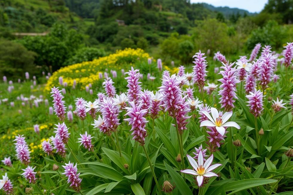 Vista de uma paisagem com várias plantas de manacá-da-serra florescendo.