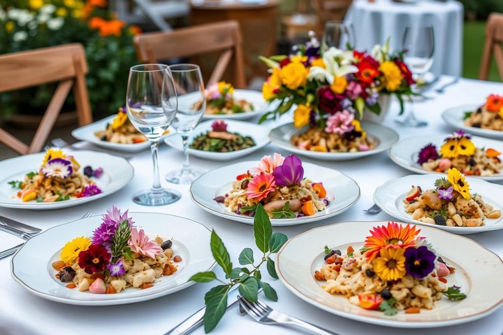 Mesa de jantar com pratos adornados de flores comestíveis.