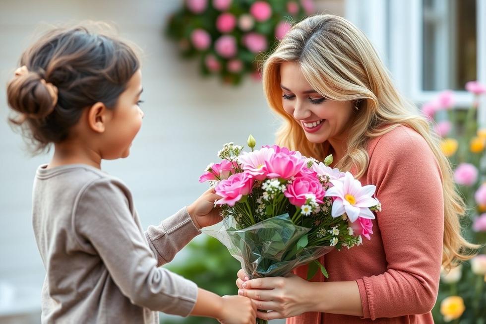 Cena emocionante de uma mãe recebendo um buquê de flores de seu filho, simbolizando amor no Dia das Mães.