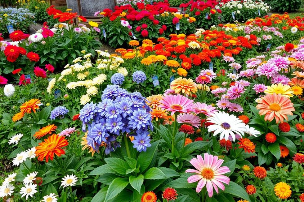Flores de todas as estações em um jardim bem cuidado.