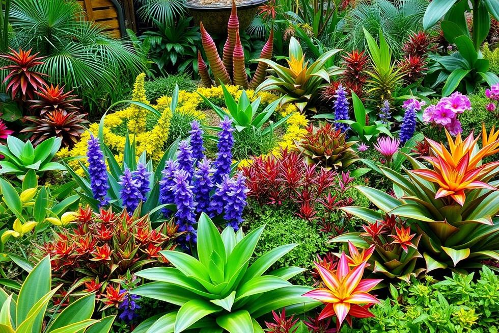 Jardim exótico deslumbrante com plantas coloridas.