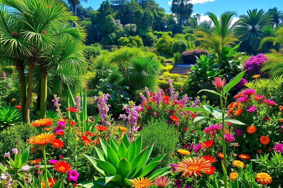 Visão panorâmica de um jardim exótico vibrante com flores e vegetação exuberante.
