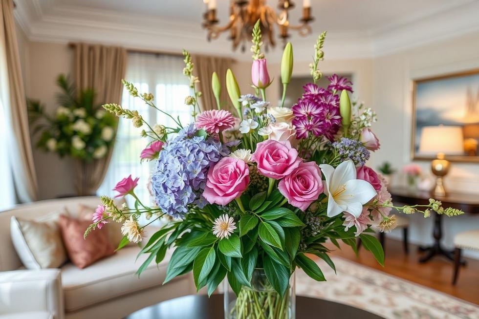 Arranjo floral em uma sala de estar elegantemente estilizada.