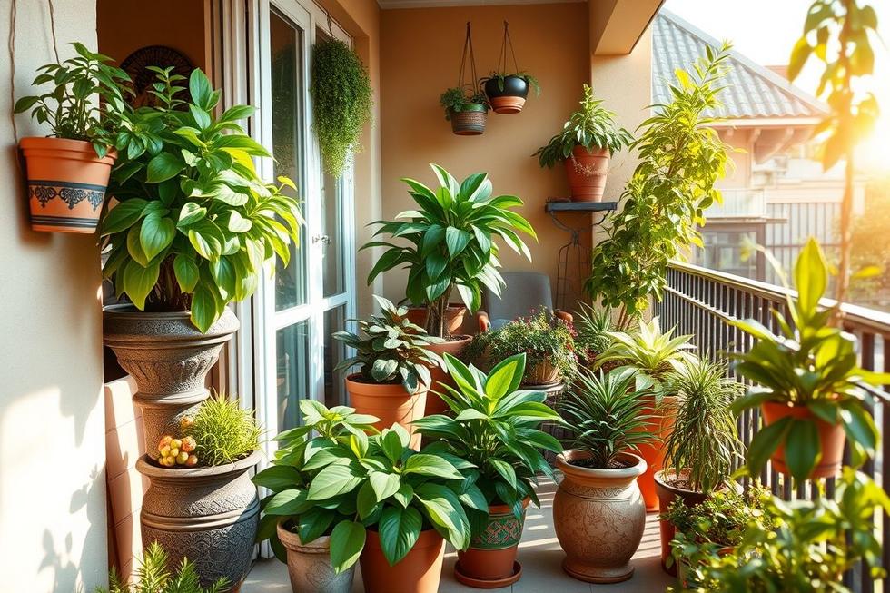 Varanda cheia de plantas de baixa manutenção sob luz do sol