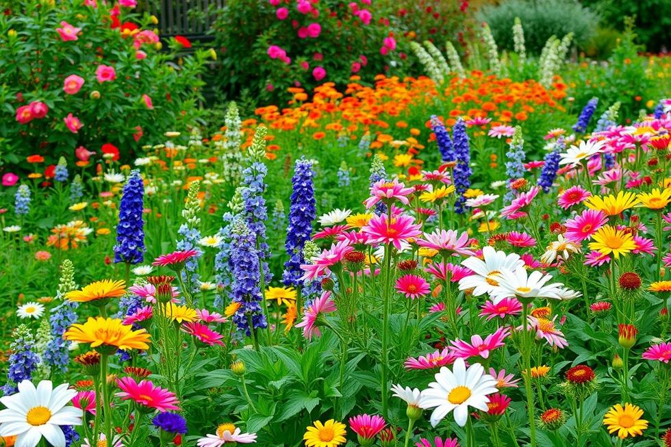 Um jardim cheio de flores coloridas, simbolizando a conexão entre natureza e bem-estar.