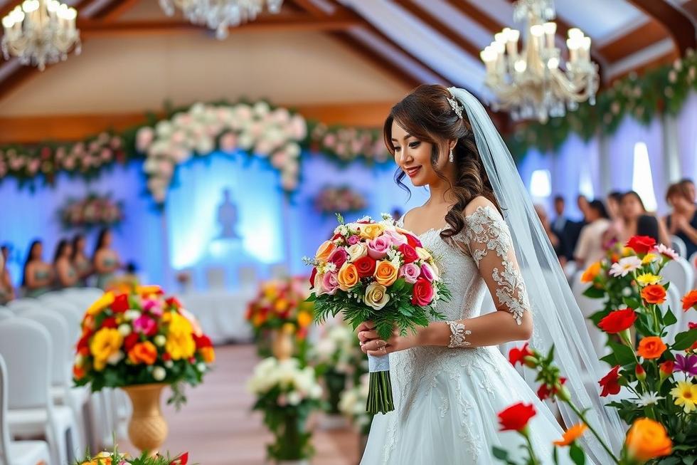 Uma noiva segurando seu buquê em um local de casamento deslumbrante, repleto de flores.