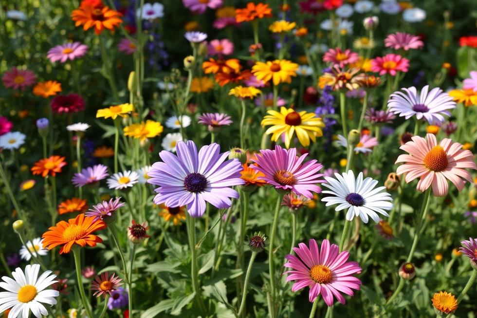 Um jardim repleto de flores aromáticas em plena floração sob a luz do sol.