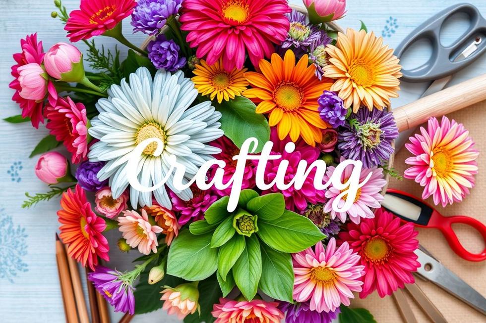 Um arranjo de flores criativas ao lado de materiais de artesanato.