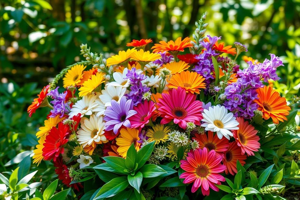 Um buquê bonito de flores misturadas destacando cores vibrantes.