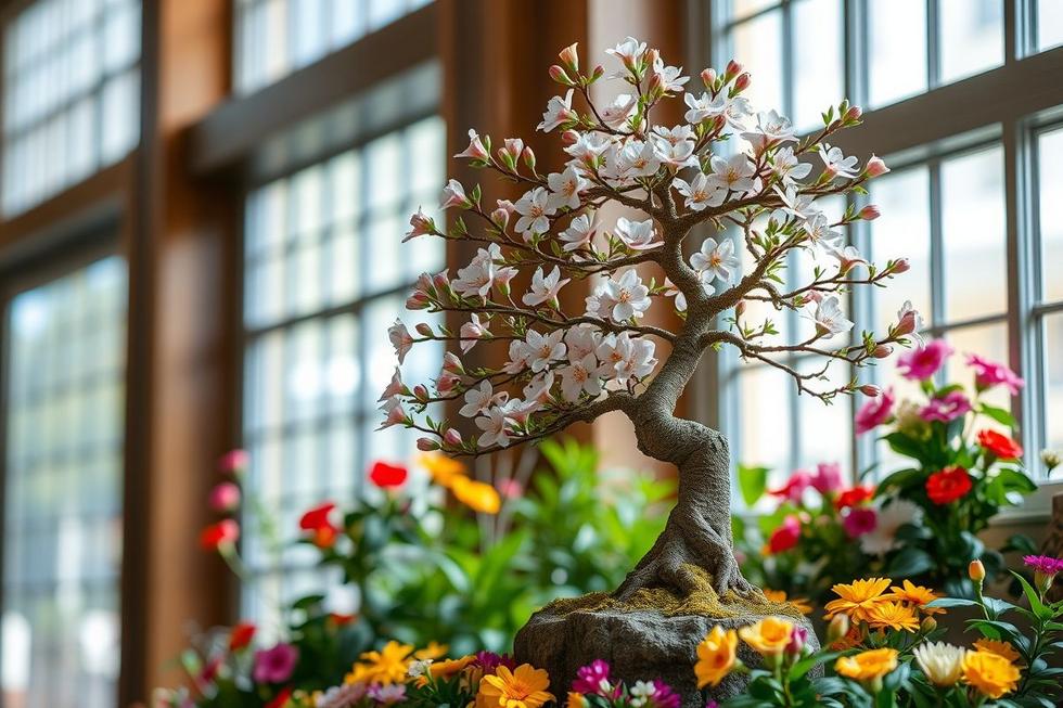 Bonsai florido em ambiente interno iluminado por luz natural.