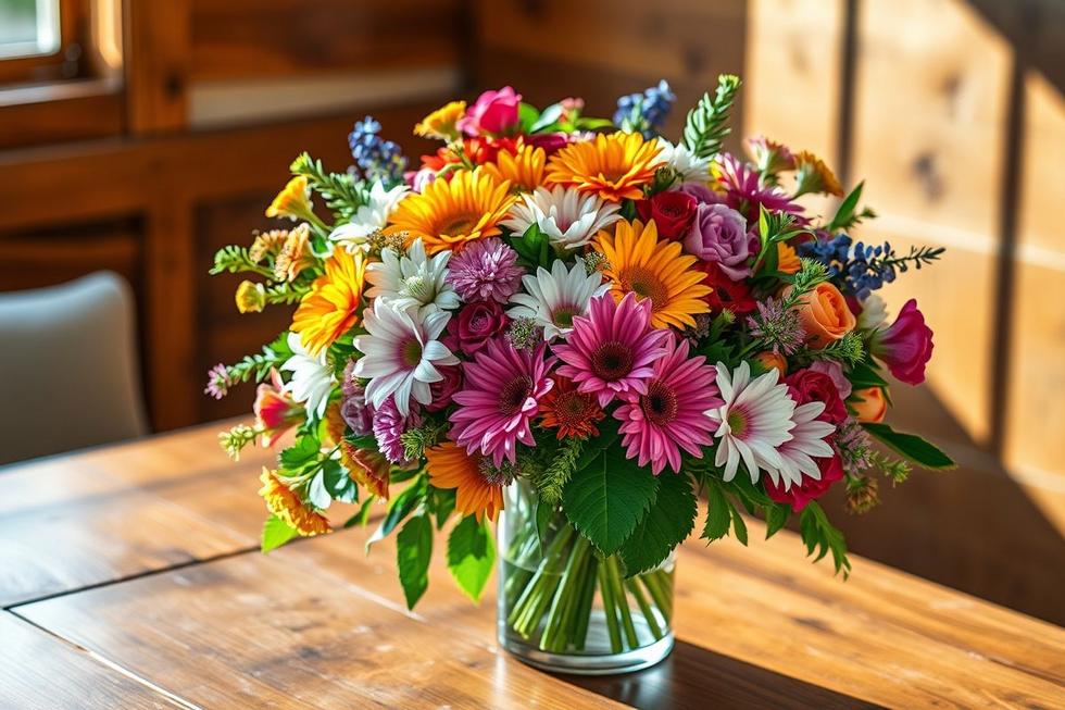 Buquê de flores frescas em um vaso de vidro sobre uma mesa de madeira.