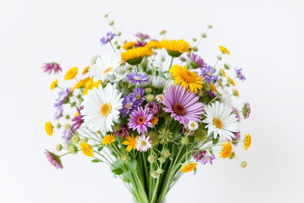 Bouquet minimalista de flores silvestres em ambiente elegante.