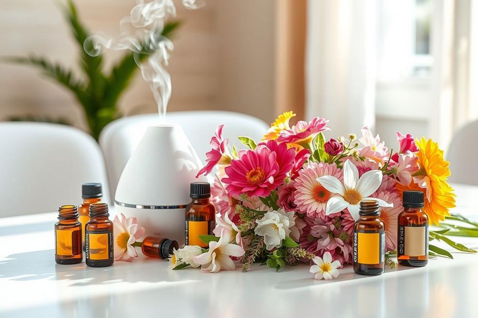 Capa de artigo com flores, frascos de óleo essencial e difusor em iluminação suave