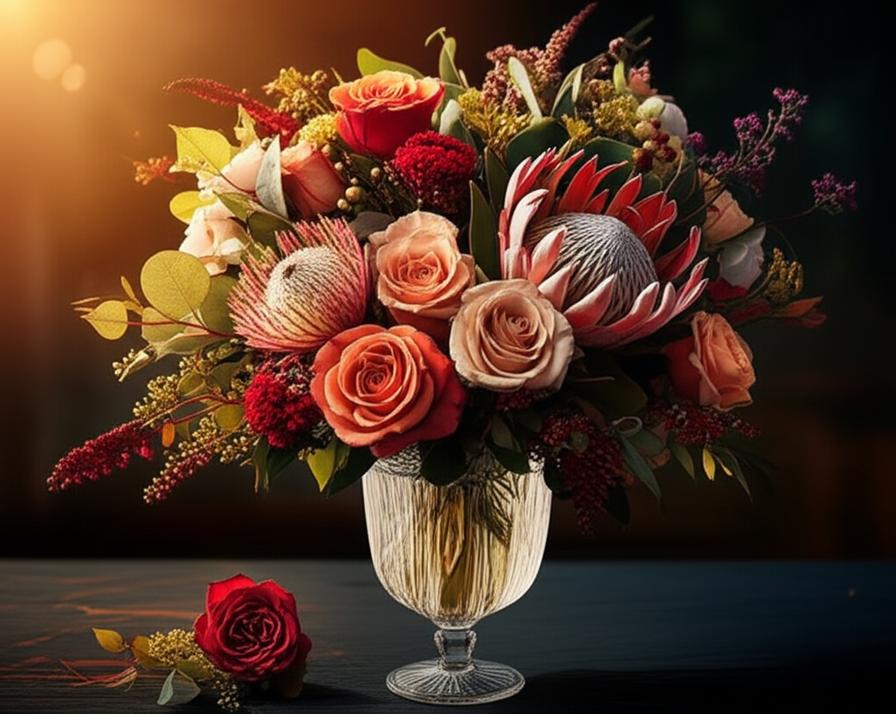 Vaso de cristal contendo arranjo luxuoso de flores exóticas, iluminado por luz suave.