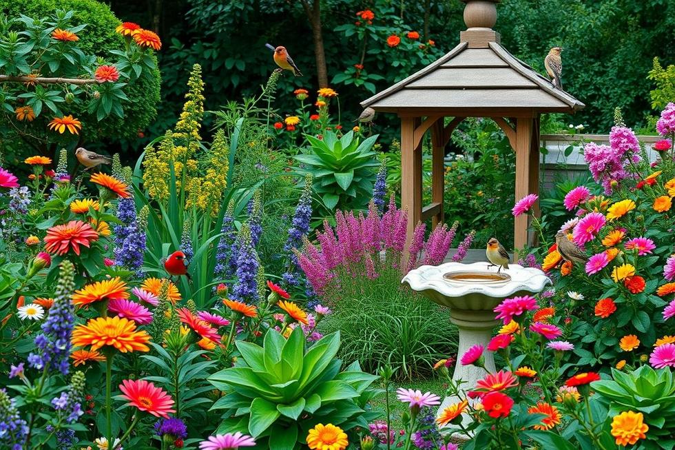Jardim fotorealista com flores que atraem aves, bebedouro e abrigo natural