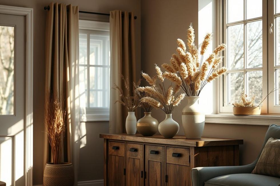 Flores secas decorando sala de estar com iluminação suave e estilo contemporâneo