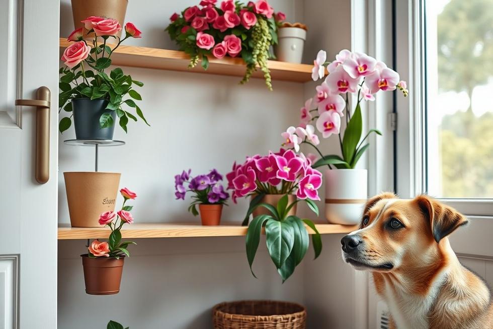 Sala com flores seguras para animais de estimação, incluindo rosas, violetas africanas e orquídeas