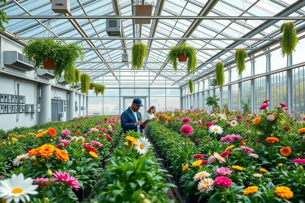 Viveiro moderno de flores com controle climático e tecnologia, refletindo inovação no cultivo de flores