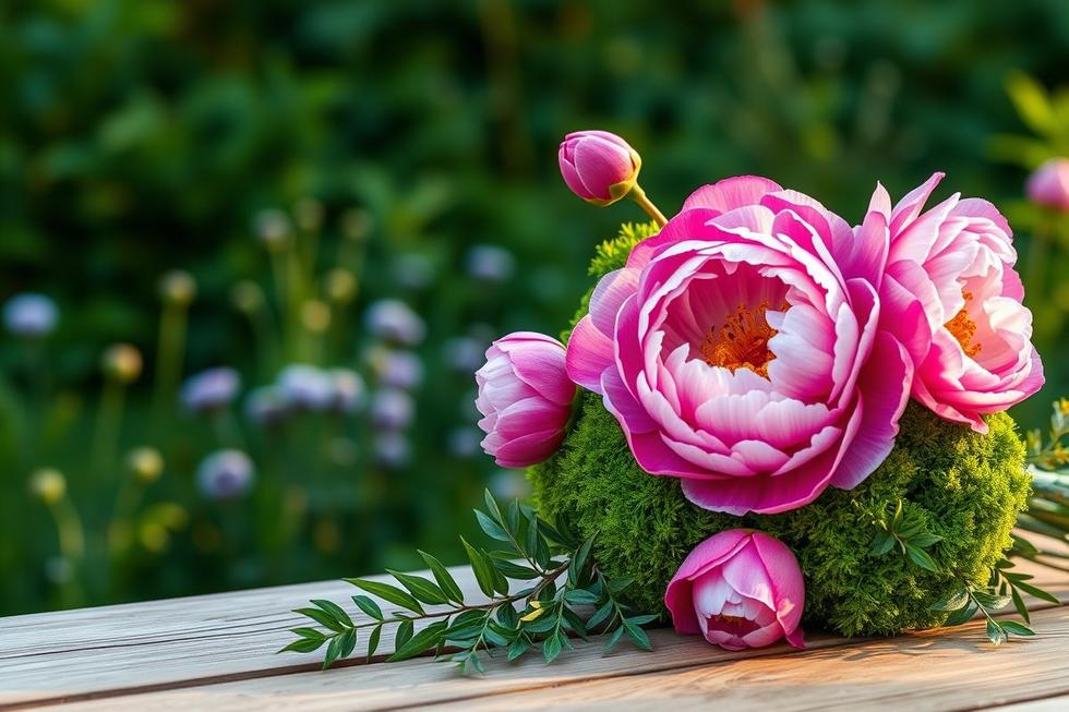 buquê de peônias e musgo Páscoa jardinagem natural conexão
