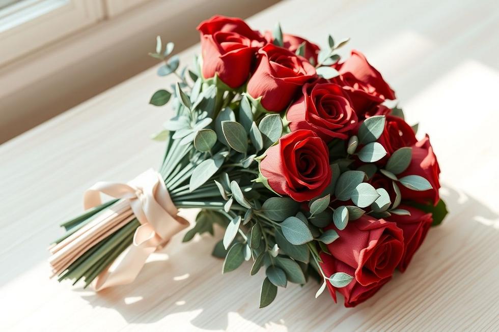 Buquê barato com rosas artificiais e folhagens verdes sobre mesa de madeira