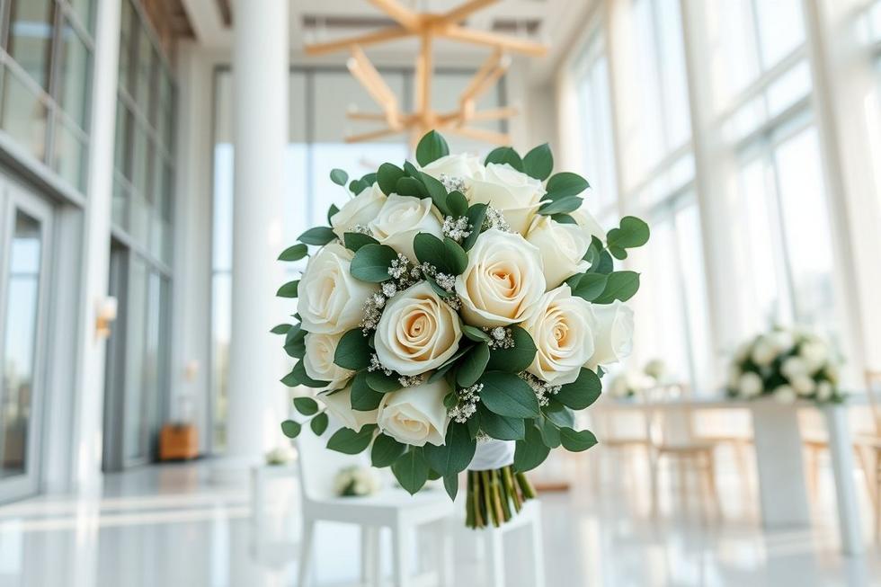 Buquê de noiva moderno com rosas brancas, eucalipto e detalhes metálicos