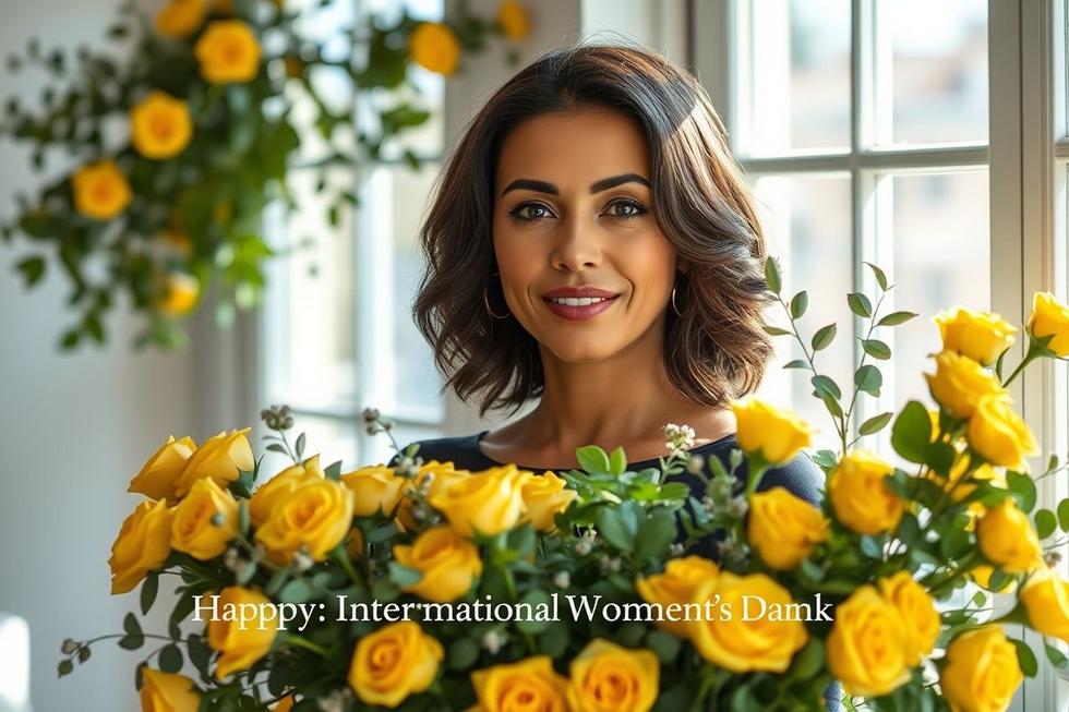 Mulher segurando buquê de rosas amarelas e eucalipto, simbolizando força, gratidão e saúde natural