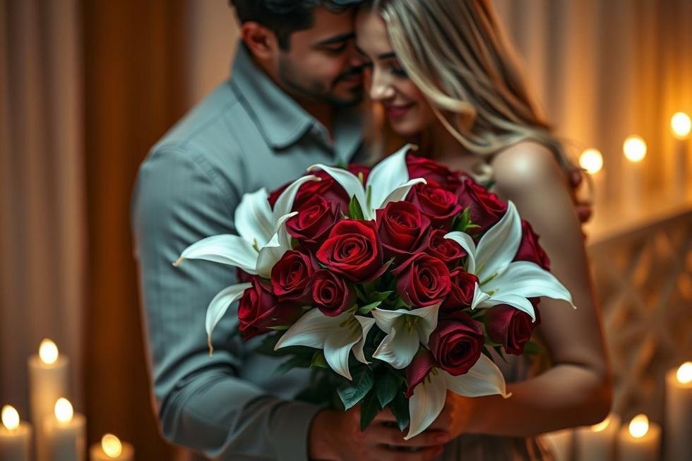 Buquê de rosas vermelhas e lírio para presente emocional no Dia dos Namorados