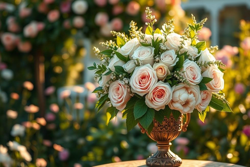 Buquê de noiva inesquecível com flores de cores vivas e detalhes delicados, iluminado pela luz natural.