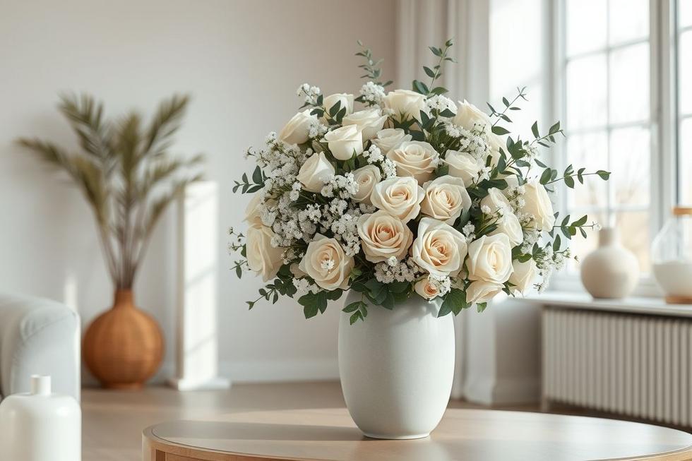 Imagem de capa com buquê neutro composto por rosas chá, gypsophila branca e ramos de eucalipto, dispostos em vaso marfim, ambiente iluminado suavemente.