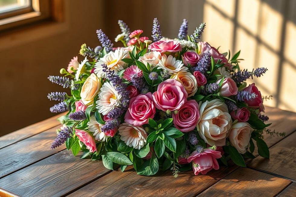 Buquê fresco de flores variadas sobre mesa rústica