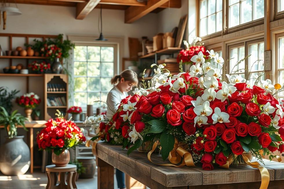 flores luxuosas e buquê luxuoso em ambiente de produção