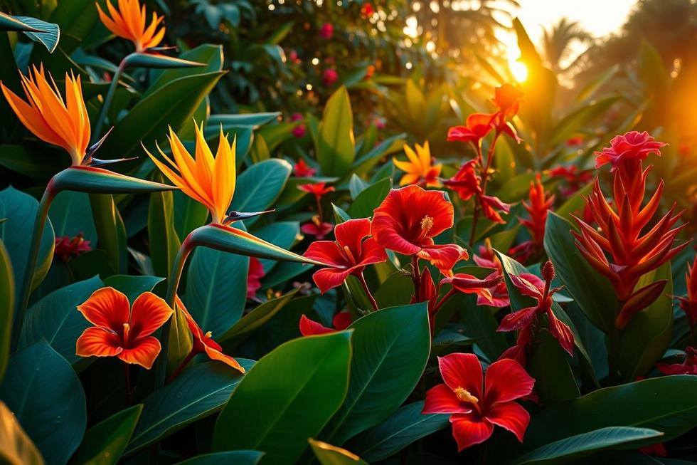 jardim com flores tropicais e flores tropicais exóticas em cores vibrantes