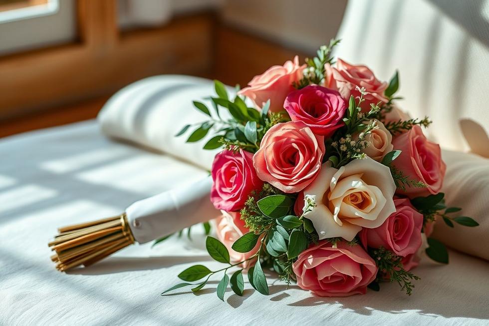 Buquê de casamento ao lado de uma etiqueta de preço, luz suave