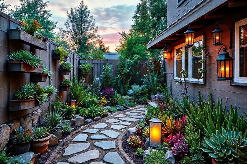 Jardim caseiro com vasos verticais, pedras e lanternas ao entardecer