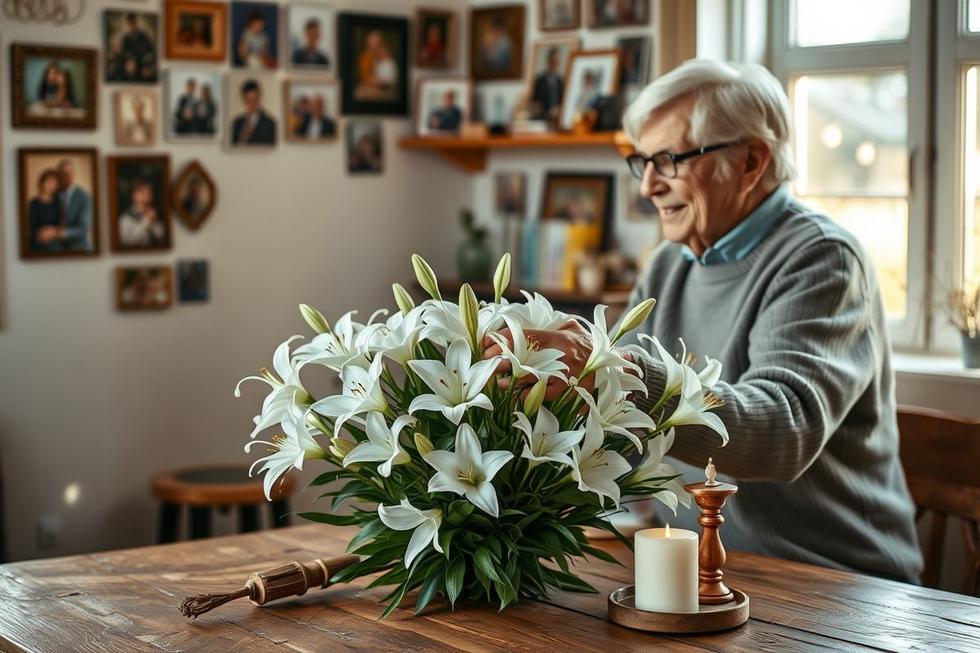 Imagem de buquê de lírios brancos e velas secas para avós, mostrando a emoção da entrega