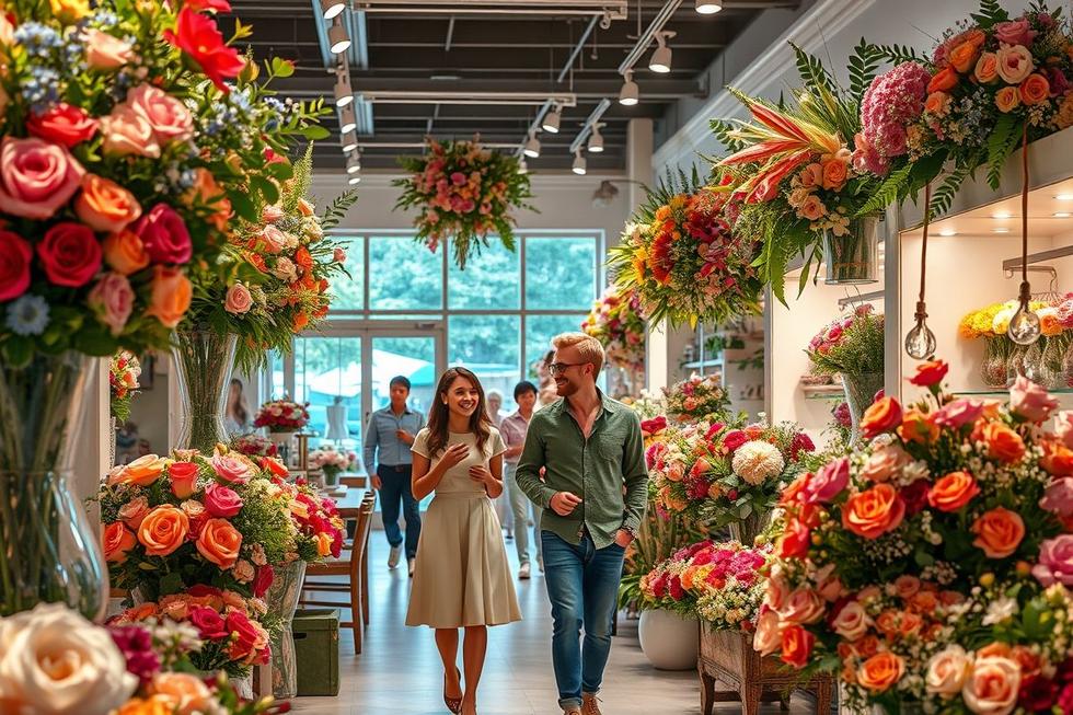 Loja de flores premium com arranjos sofisticados