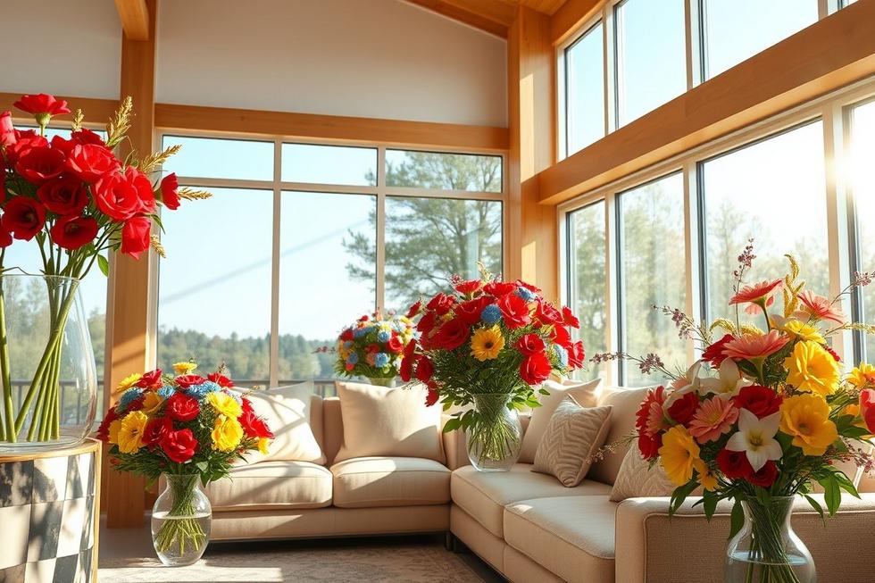Imagem de interior decorado com flores coloridas, demonstrando psicologia das flores e terapia floral