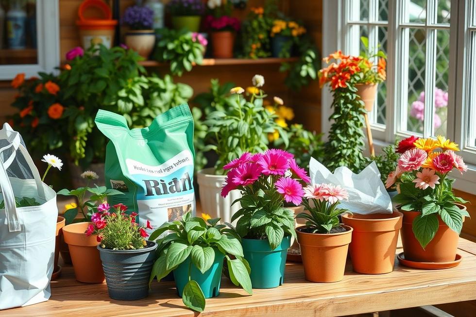 Bancada de jardinagem com vasos de flores e diferentes substratos ao redor