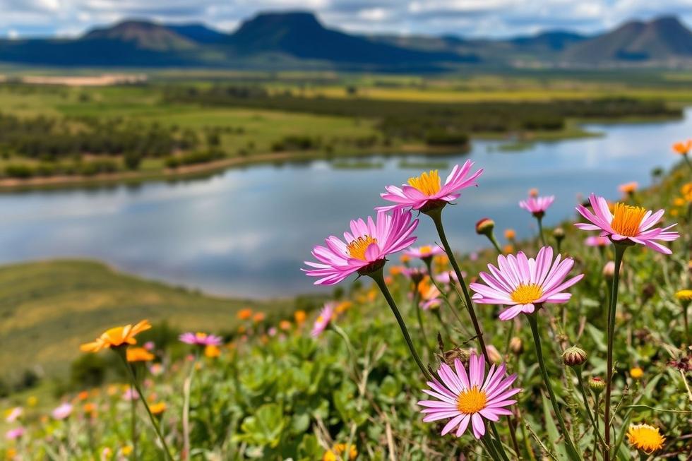 Paisagens de Várzea Grande com flores nativas do Cerrado, celebrando a biodiversidade local.