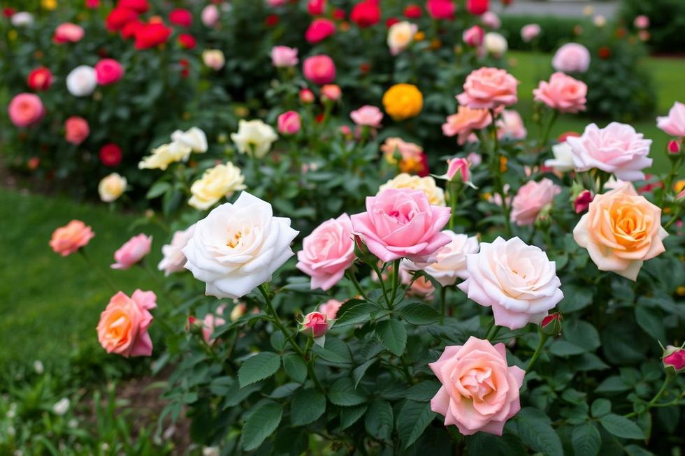 Um jardim cheio de rosas coloridas em flor.