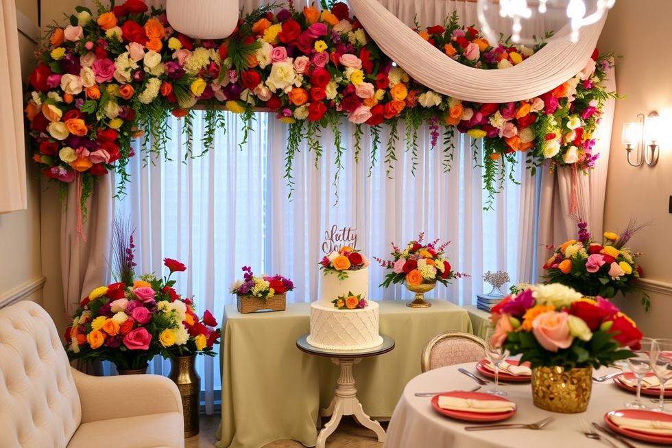 Cena festiva com flores na decoração de aniversário