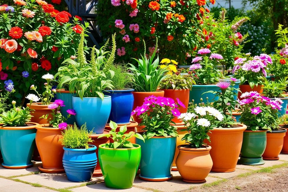 Coleção de vasos coloridos com plantas em um jardim.
